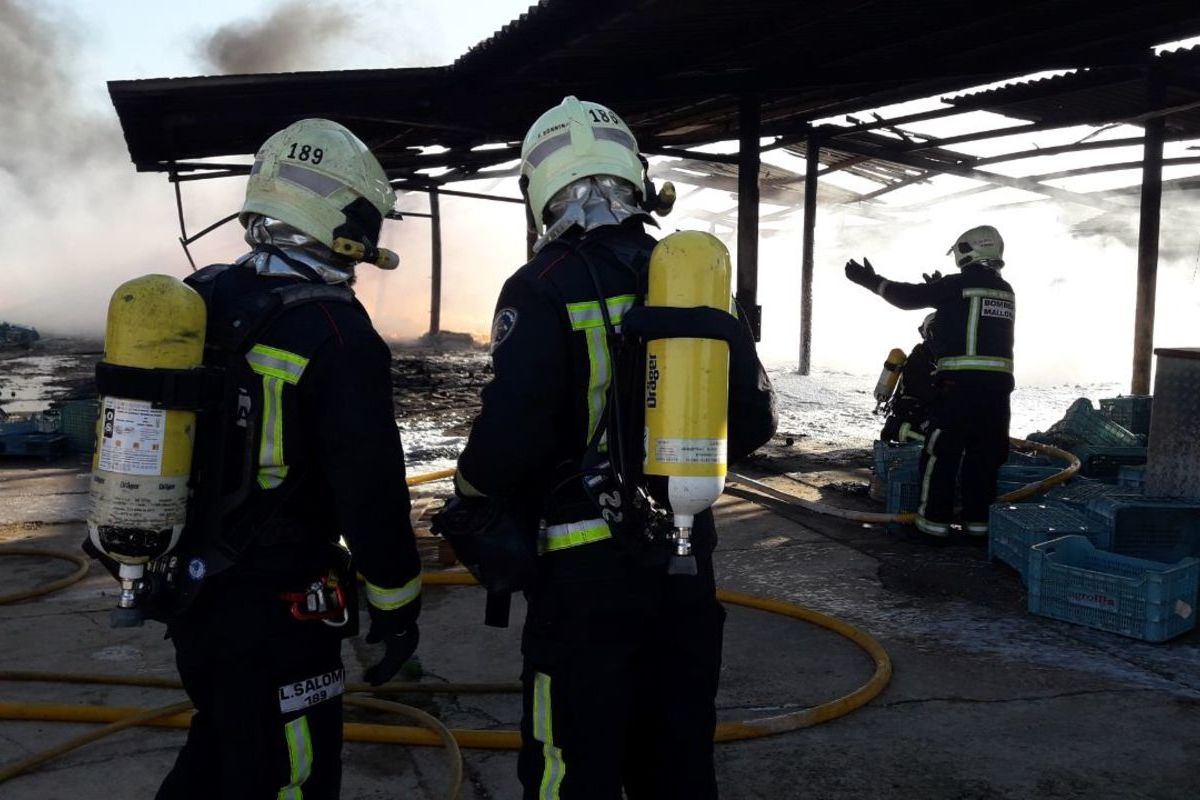 Els Bombers de Mallorca actuant durant el foc a unes naus agrícoles a Santa Margalida.
