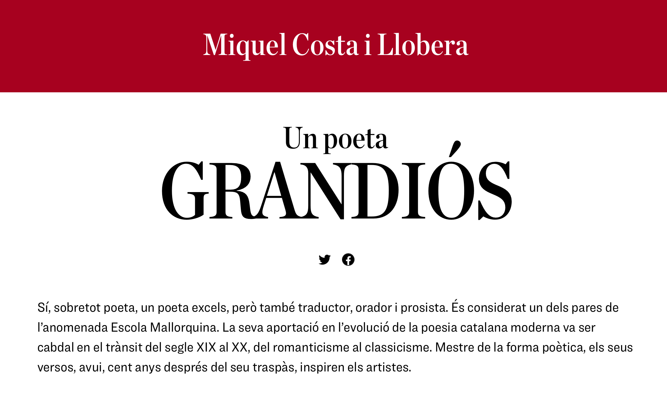 Pàgina inicial del web dedicat a Miquel Costa i Llobera