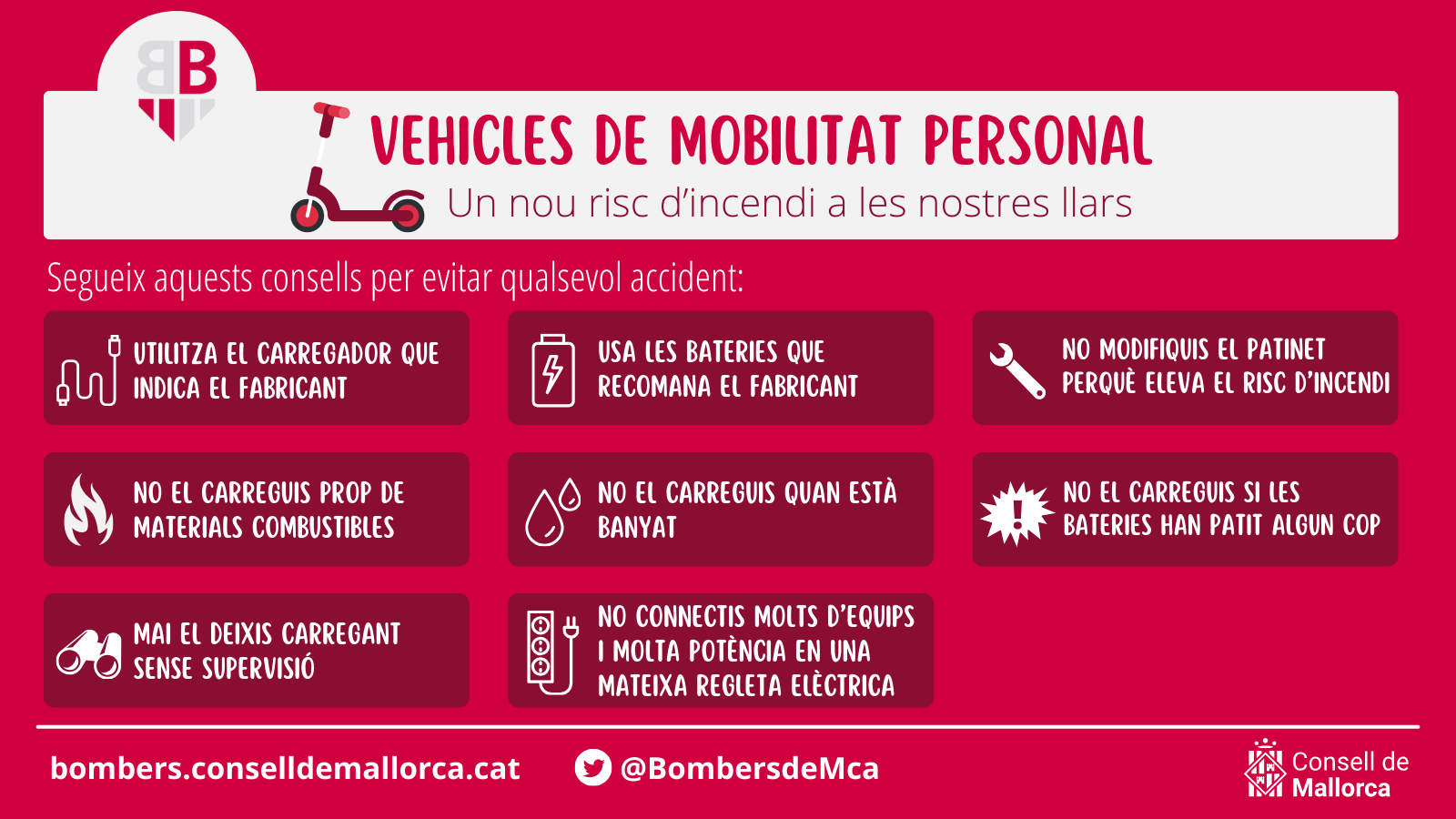 Campaña de los Bombers de Mallorca por el riesgo de incendio de los vehículos de movilidad personal.