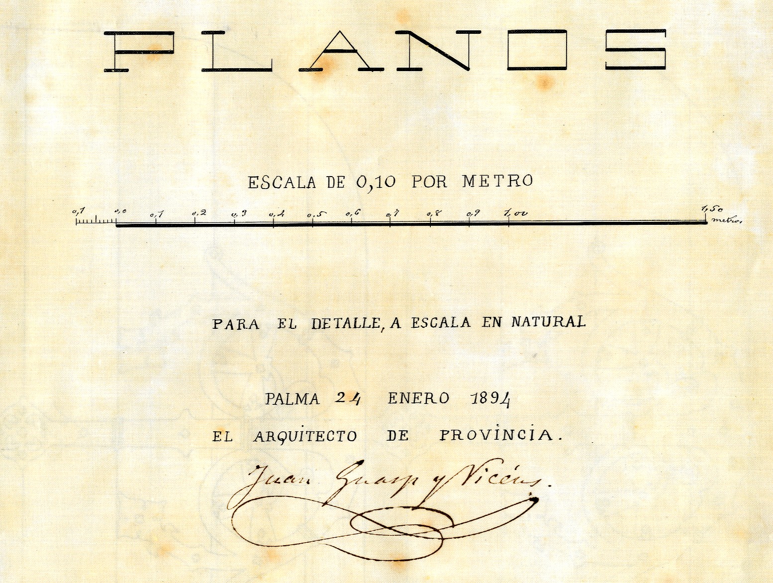V-790/3 Detall (escala i signatura de l'arquitecte) de la portada del projecte d'edifici per a la Diputació Provincial (1894)