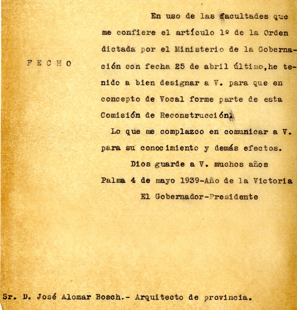 XII-729/1 Comunicació a José Alomar Bosch del seu nomenament com a vocal de la Junta